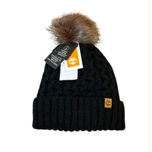 NWT Timberland Black Knit Beanie Hat Toque with Pom-Pom and Fleece Lining. O/S.